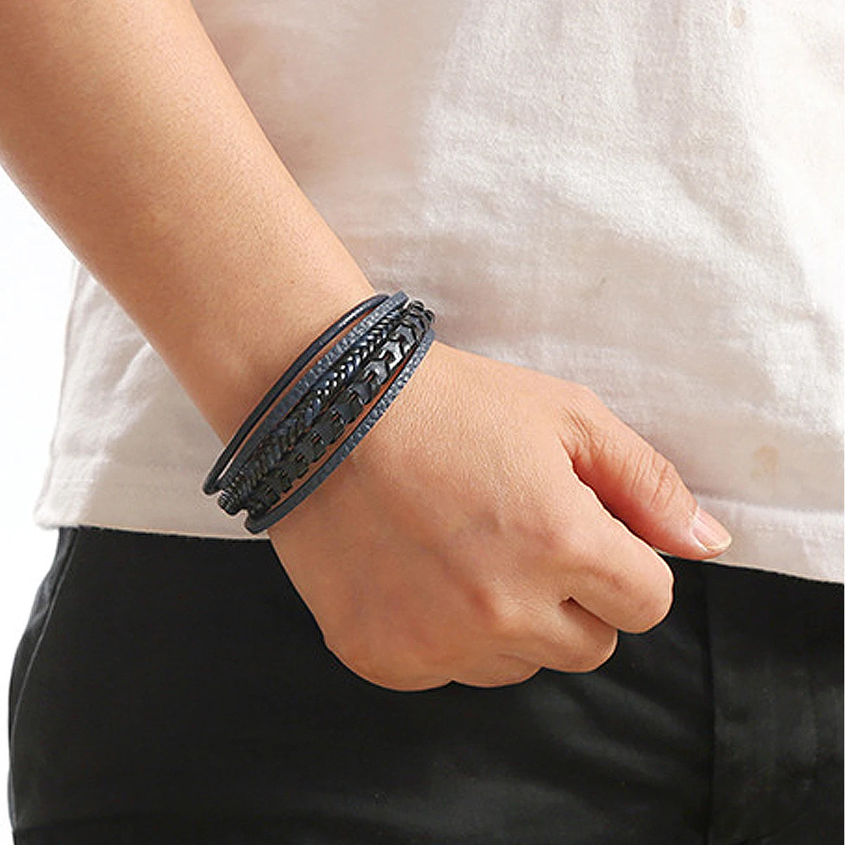 Mens Vintage Multi Layered Leather Bracelet Magnetic Buckle - Smarsty
