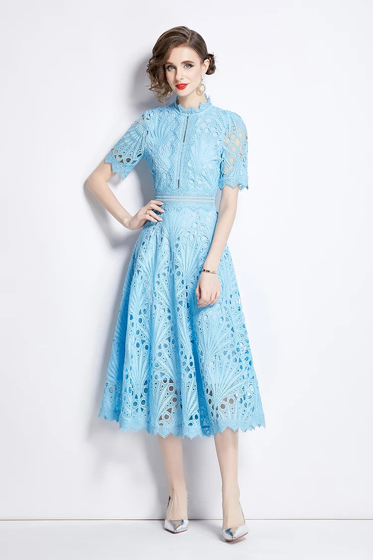 H Han Queen Spring New Elegant Casual Work Party Dresses Floral Crochet Hollow Out Lace Patchwork Casual Office Midi Dress - Smarsty