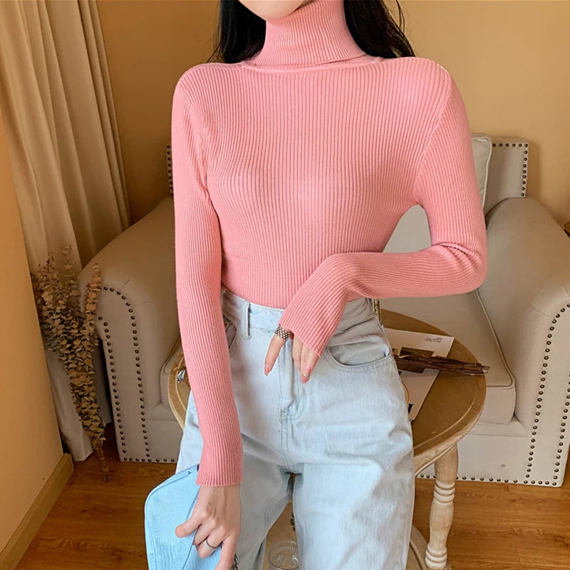 2025 Autumn Winter Women Long Sleeve Knitted Foldover Turtleneck Ribbed Pull Sweater Soft Warm Femme Jumper Pullover Clothes - Smarsty