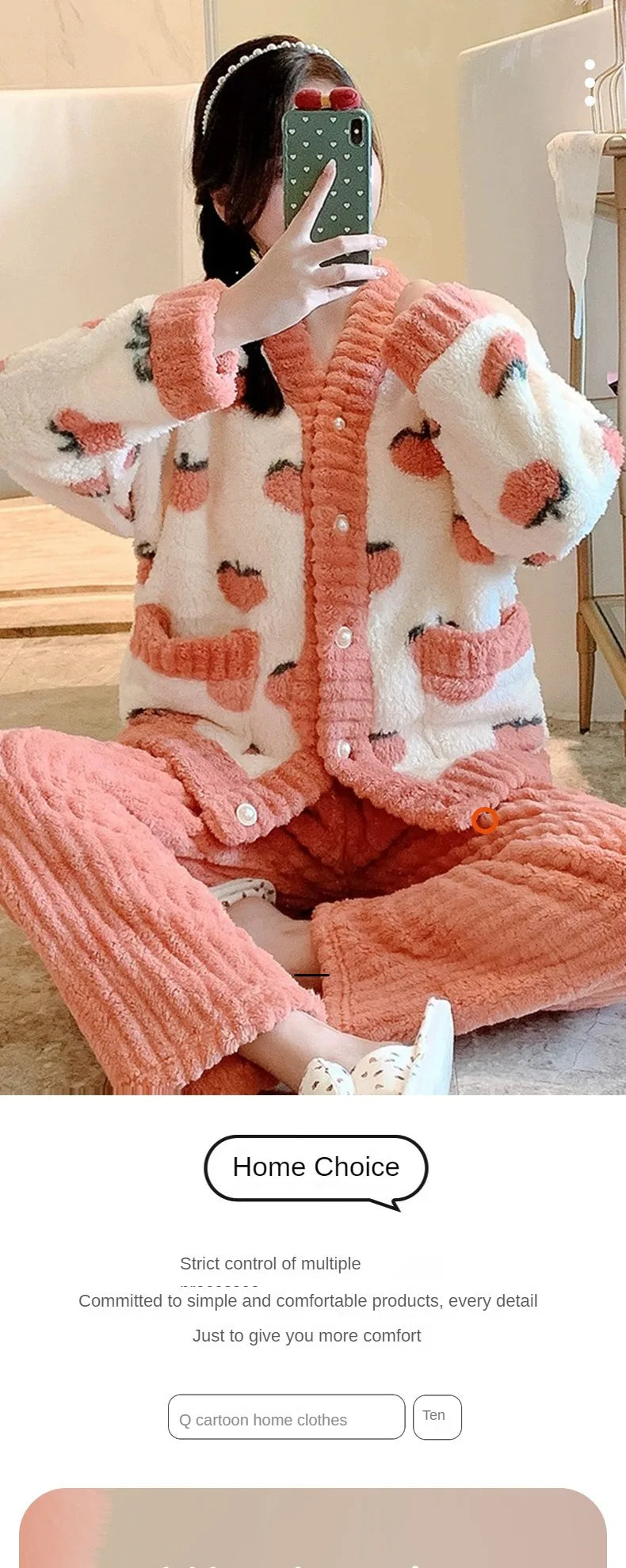 Padded and Thickened Warm Flannel Women Pajamas Loungewear Winter Peach Sleepwear Homewear Coral Velvet Two-Piece Set Nightwear - Smarsty