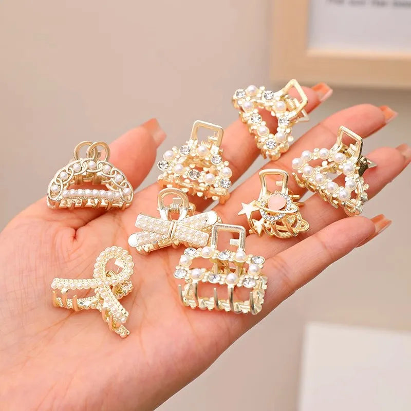 Mini Rhinestone Pearl Hair Claws For Women Sweet Geometric - Smarsty