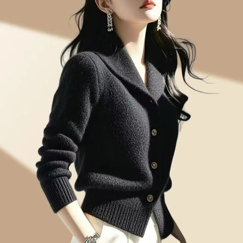 2025 New Spring Autumn Turndown Collar High End Women Knitt Cardigan Sweater Fashion Korean Version Female Knitwear Tops - Smarsty