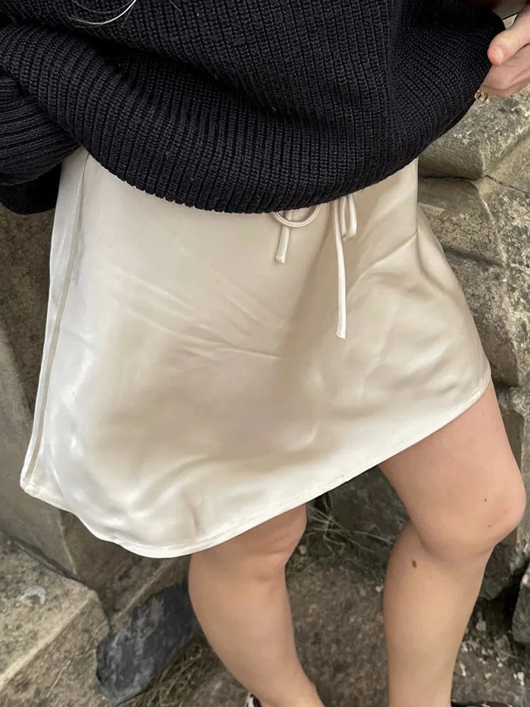 Satin Mini Skirts Women Summer Beige Silk Short Skirt For Woman Drawstring High Waist Black Satin Skirt A Line Women Short 2025 - Smarsty