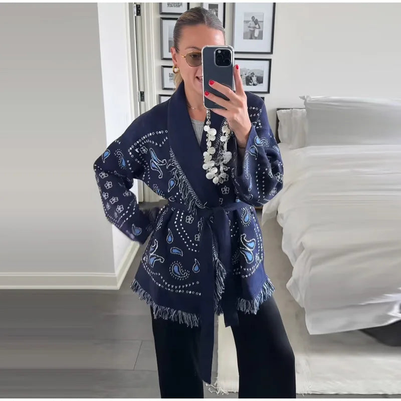 Tassel Patchwork Printed Cardigan Women Geometric Patterns Belts V-neck Long Sleeve Knitted Street Lady Sweater 2025 Autumn Coat - Smarsty