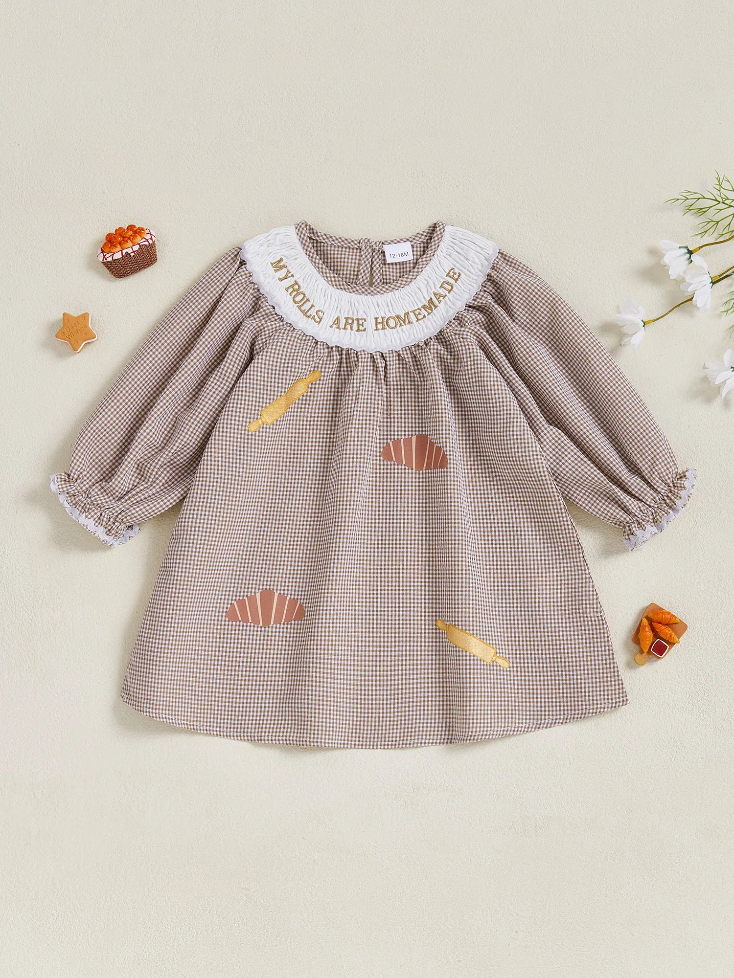 Thanksgiving Turkey Embroidered Plaid Dress with Peter Pan Collar and Long Sleeves for Girls - Festive Fall Outfit for Kids