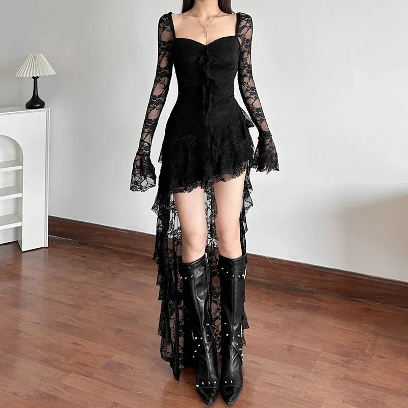 Goth Dark Fairycore Lace Flare Sleeve Square Neck A-line Dress Sweet E-girl Irregular Long Hem Dresses Cyber Y2K Party Vestido - Smarsty