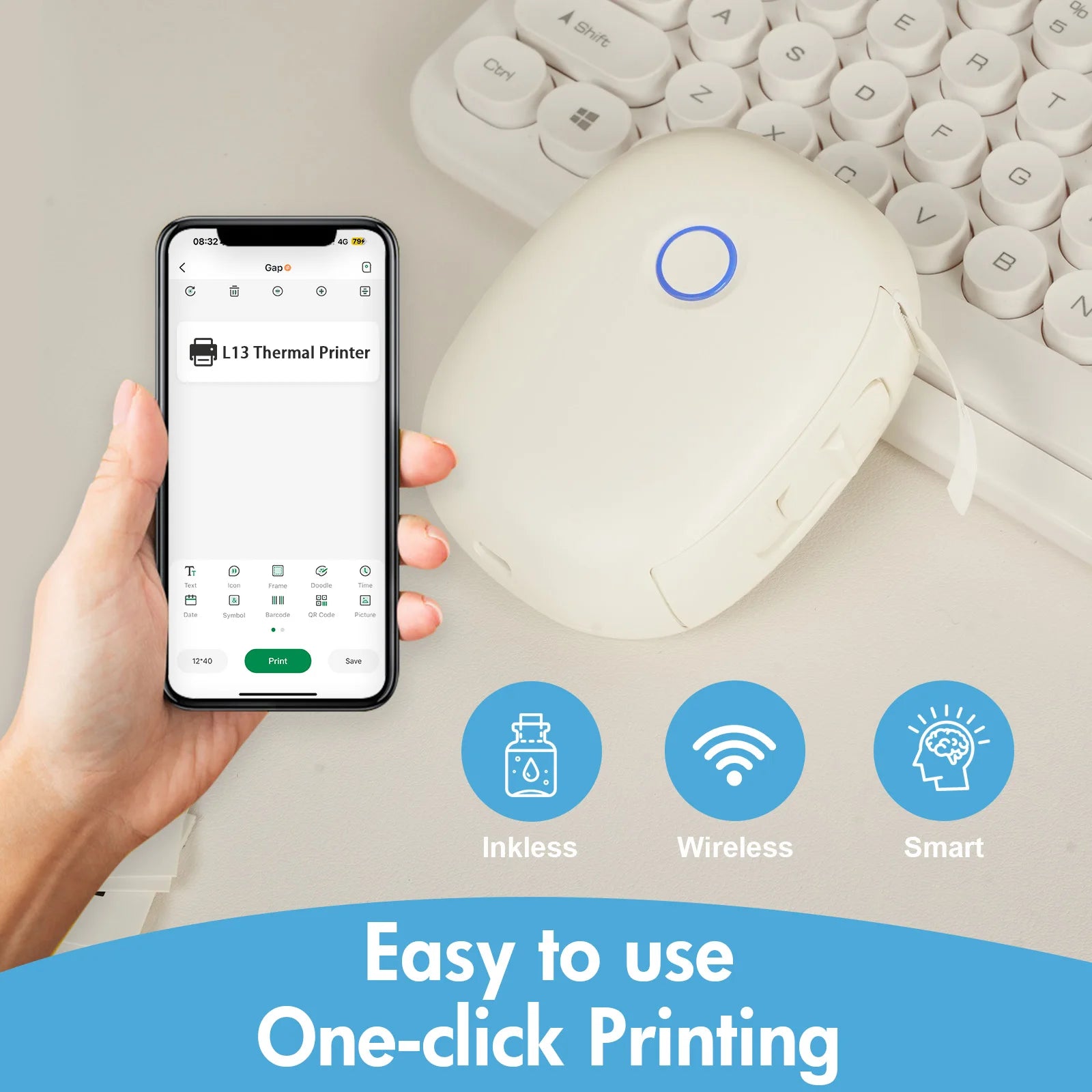 Mini Portable Wireless Inkless Thermal Printer Bluetooth Pocket Label Maker Home Study with 1roll Stickable Label Paper