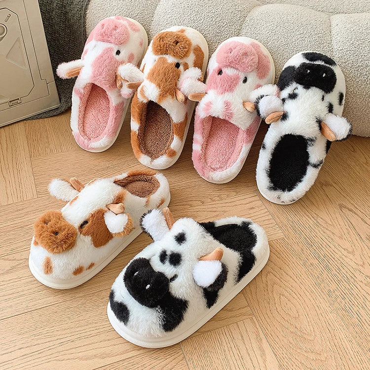 Casual Fluffy Slippers Women House Cute Cartoon Cow Designer Shoes Girl Flat Fashion Elegant Plush Winter Platform Footwear Home - Smarsty