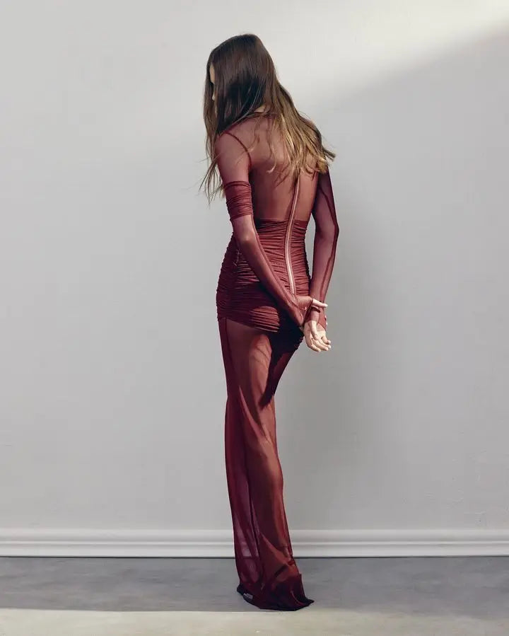 Articat Elegant Mesh Patchwork Long Sleeve Bodycon Party Club Evening Dress Sexy Double Layer Perspective Vestido Autum Clothing - Smarsty