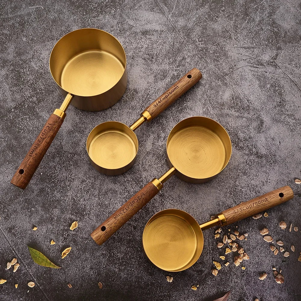 Gold Wooden Handle Stainless Steel Measuring Cups Set - Smarsty