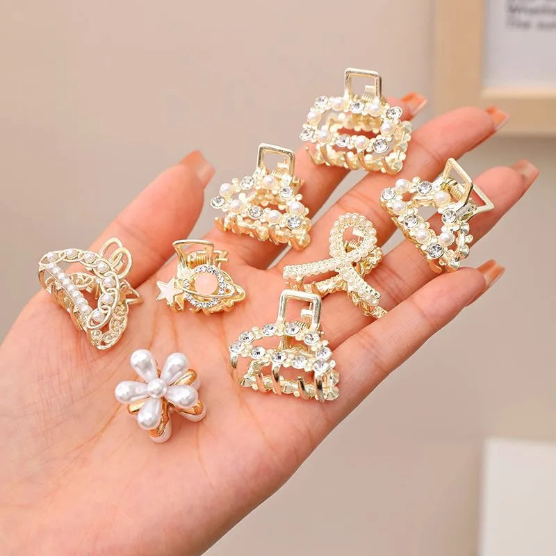 Mini Rhinestone Pearl Hair Claws For Women Sweet Geometric - Smarsty