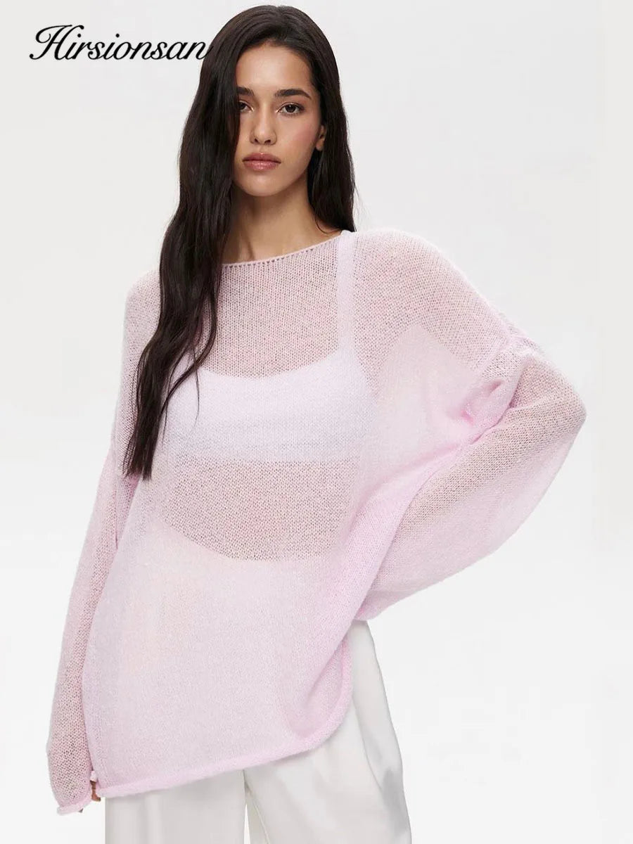 Hirsionsan Elegant Sweater Women 2024 Summer Autumn Casual Fashion Loose Women Pullovers Chic Pink White Jumper Sueter Mujer - Smarsty