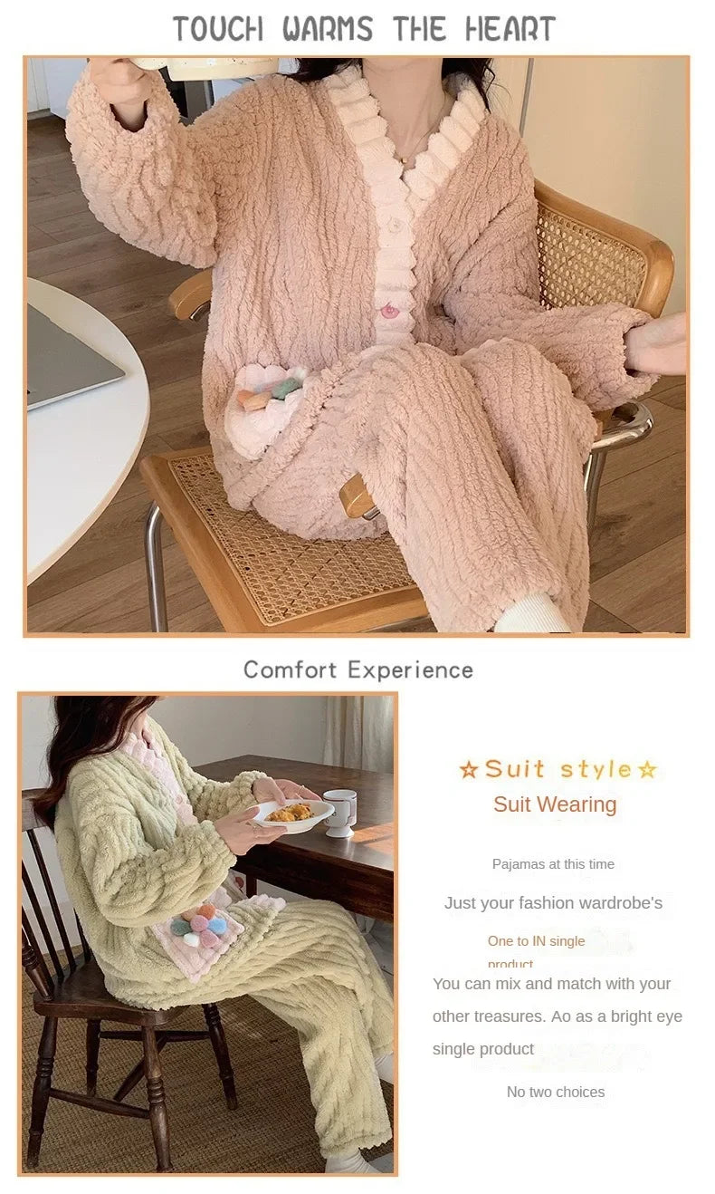 Thickened Warm Flannel Women Sleepwear Loungewear Cardigan Suit Winter Sweet Kawaii Soft Fairy Wind Ladies Pajamas Homewear - Smarsty