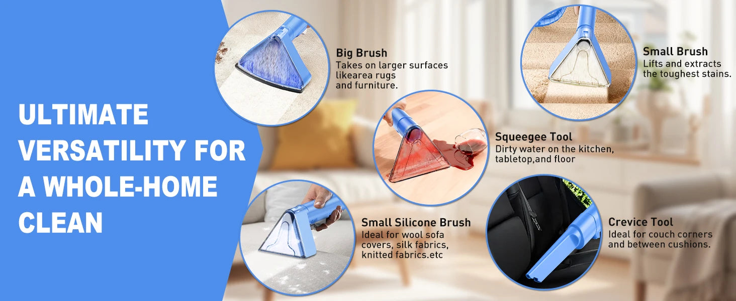 Carpet + Upholstery Cleaner Machine, 32Kpa Powerful Suction w/ 5 Cleaning Tools,Lightweight for Rug,Carpet,Car Seats,Pets,Stairs