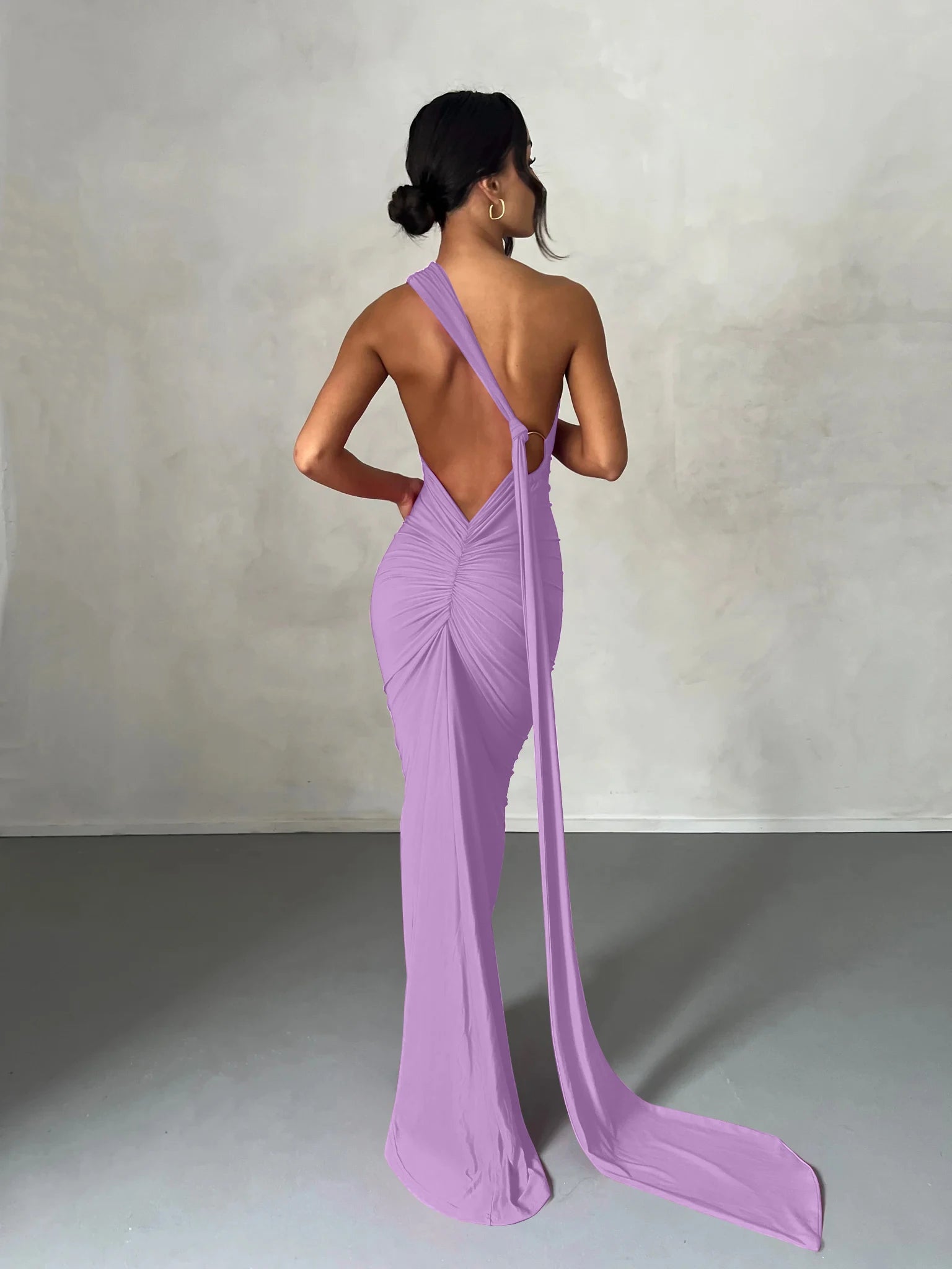 Hugcitar One Shoulder Backless Adjustable Scarf Loop Ruched Sexy Maxi Dress Women Elegant Y2K Streetwear Festival Outfit - Smarsty