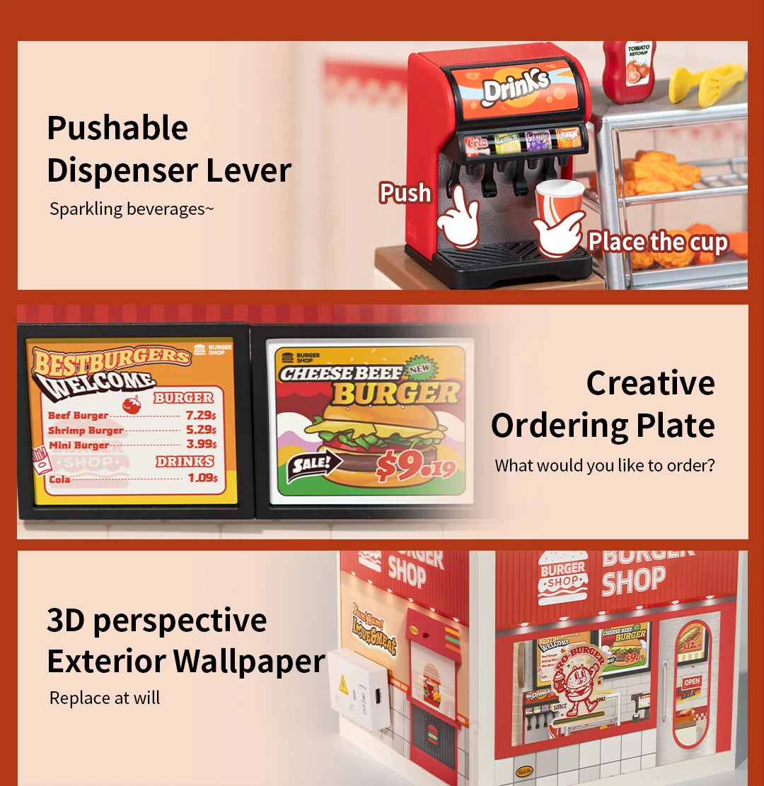 Robotime Rolife Super Creator Series Plastic Dollhouse Building Blocks for Kids Yum Burgers Leisurely Cheers Bar Sweet Sips Tea