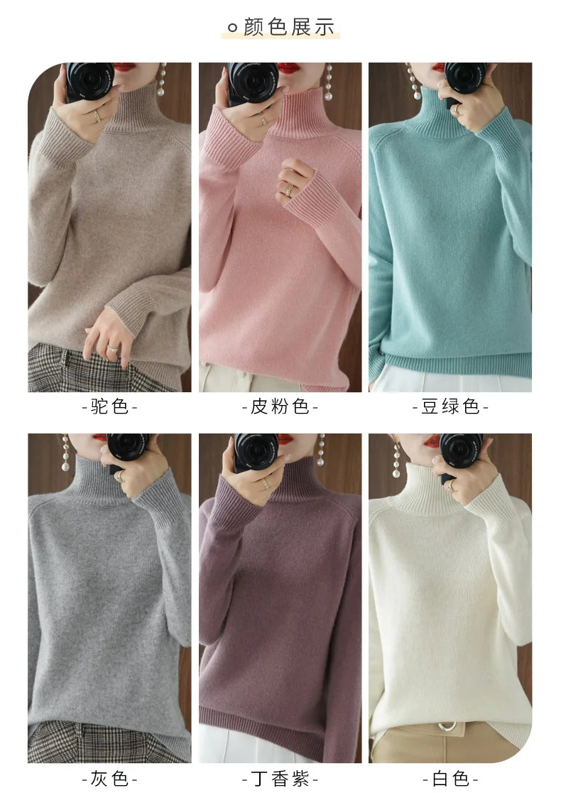 Fashion Basic Autumn Winter Merino Wool Sweater Mock Neck Cashmere Pullover Solid Color Soft Long Sleeve Clothing Tops - Smarsty