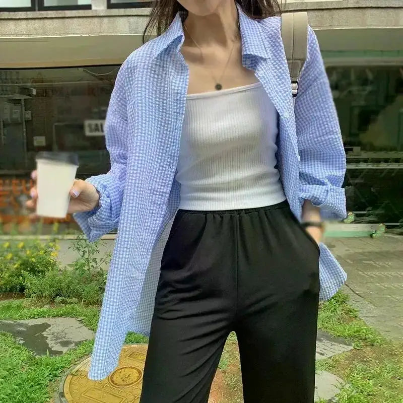 Korean Women's Shirt Sunscreen Long Sleeves Shirt Summer Women's Loose Casual Single Breasted Turndown Collar Plaid - Smarsty
