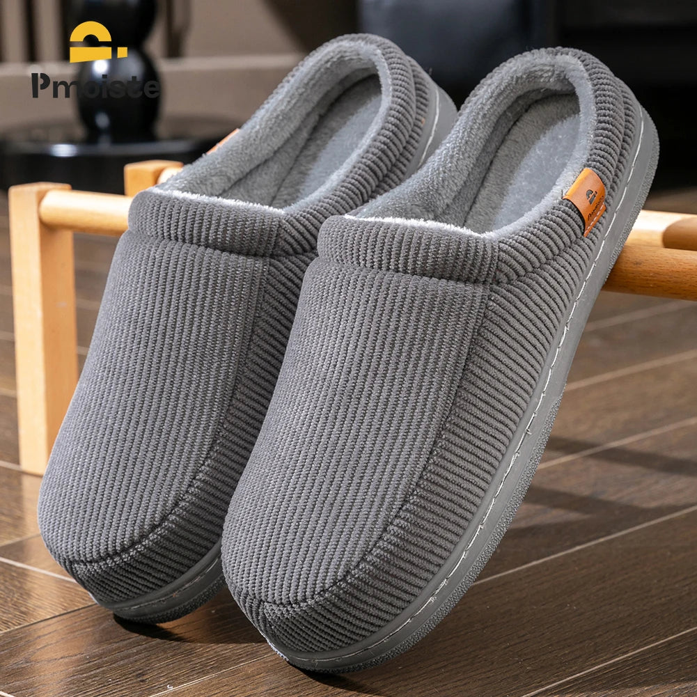 Warm Slippers for Men TPR Sole Memory Foam Soft Cushion Non Slip Stripe Design Comfortable Corduroy House Shoes - Smarsty