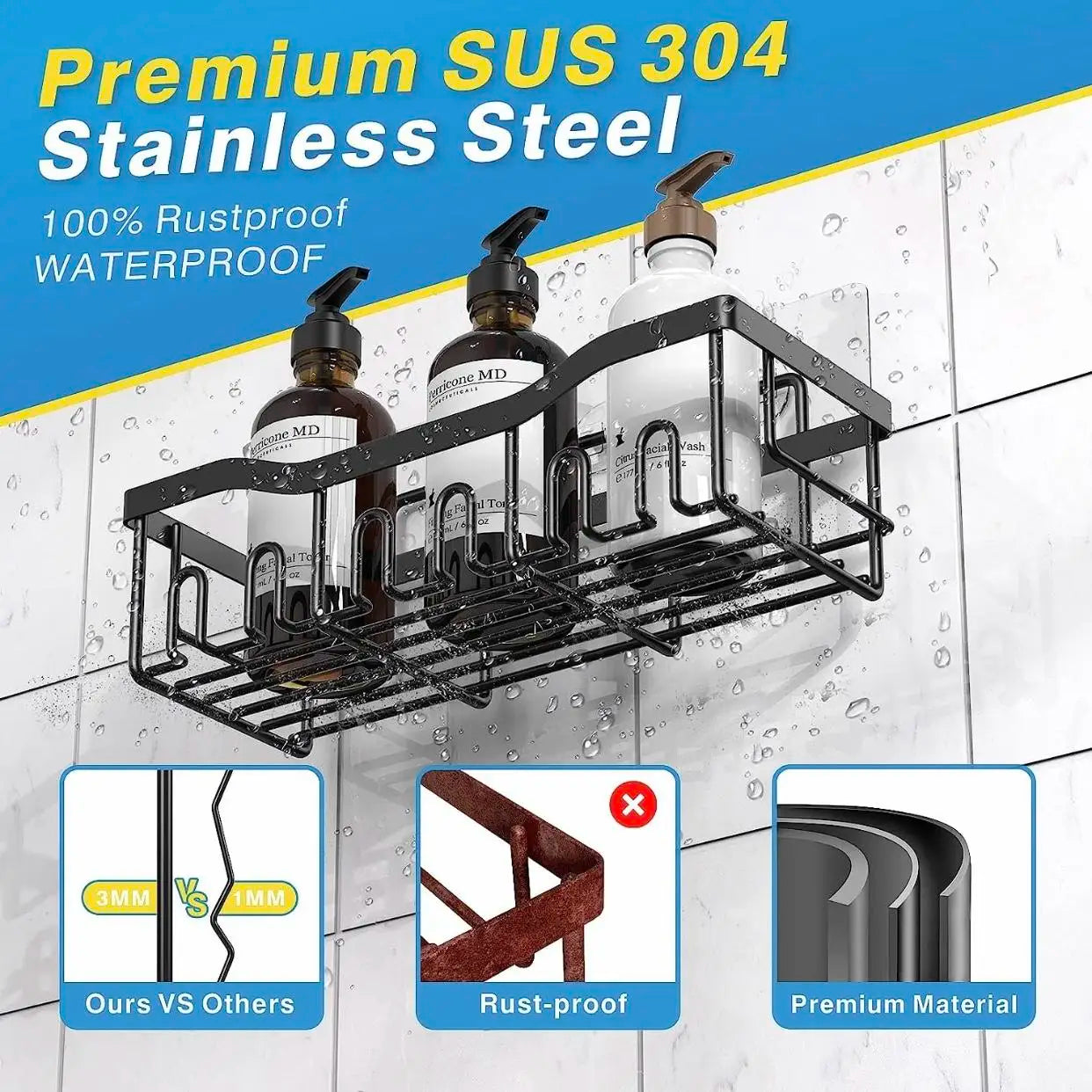 3/5 Pack Shower Organizer , Adhesive Shower Caddy with No Drilling, Rustproof Stainless Steel for Bathroom and Storage&Kitchen