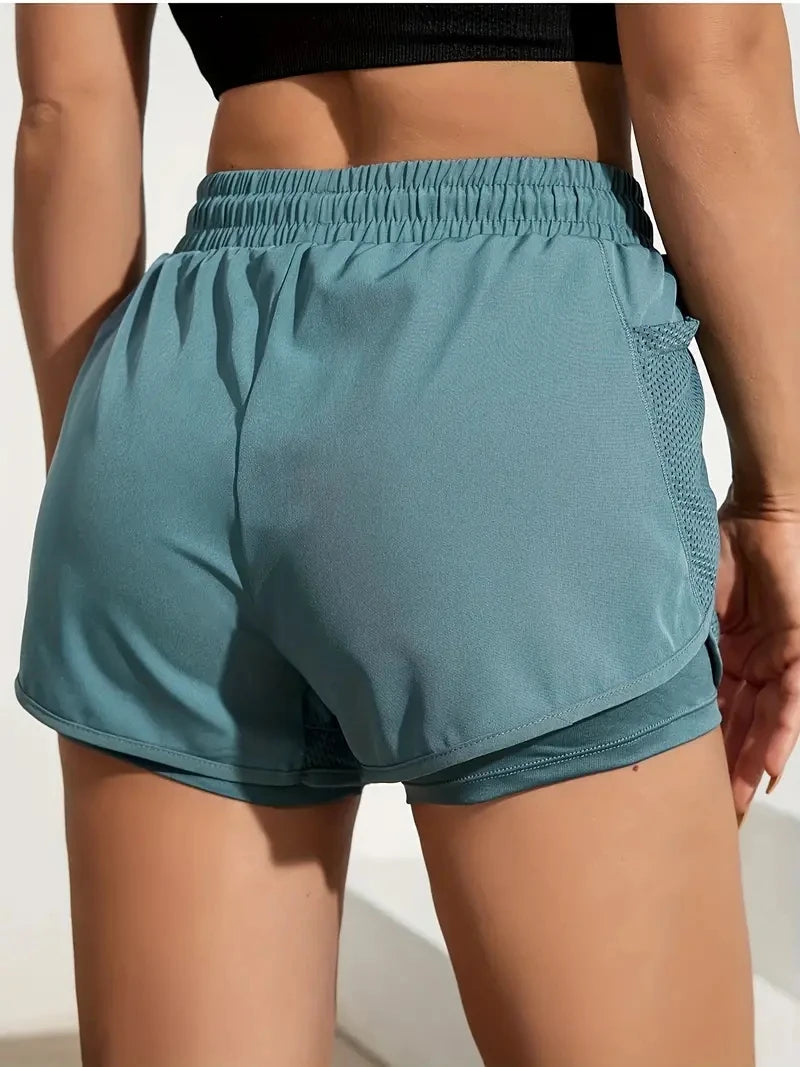 Women's Elastic Sports Shorts, Shorts With Pockets, Fake Two-Piece Yoga Leggings Running And Training - Smarsty