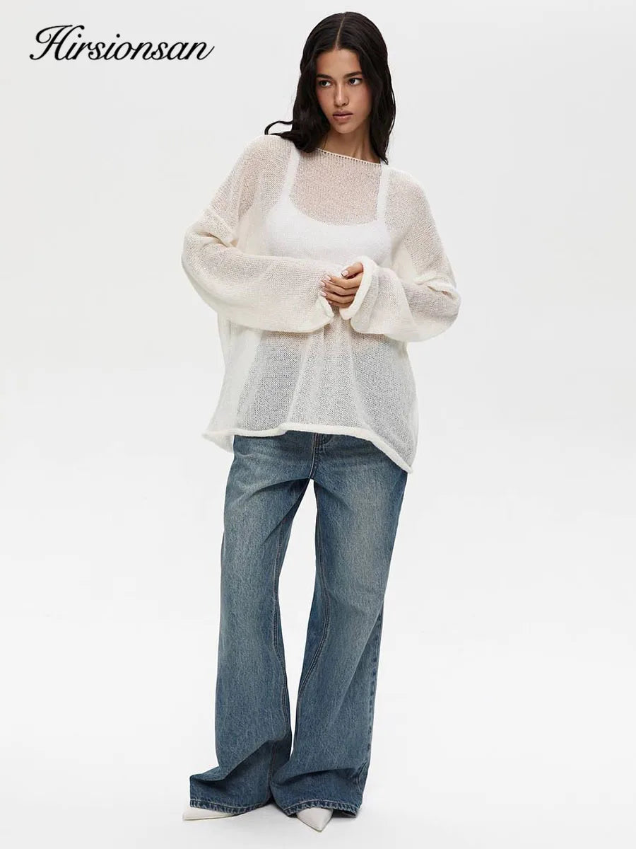 Hirsionsan Elegant Sweater Women 2024 Summer Autumn Casual Fashion Loose Women Pullovers Chic Pink White Jumper Sueter Mujer - Smarsty
