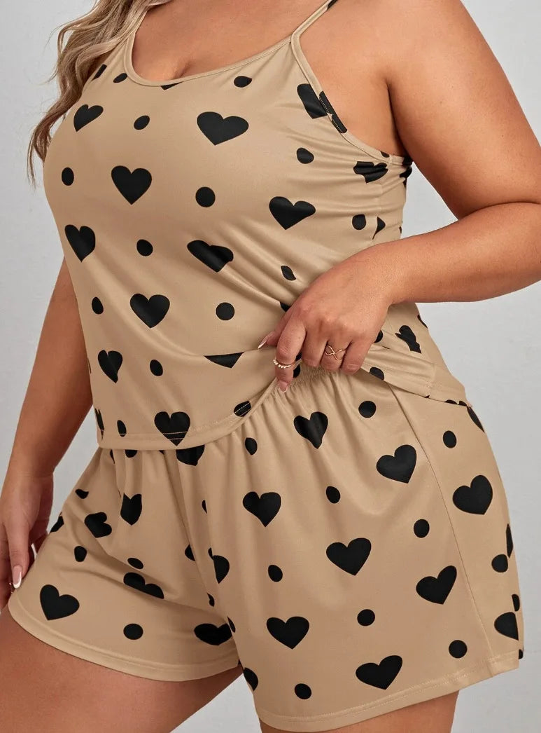 Plus Size Heart Print Women Pajama Set Sleeveless O Neck Crop Top & Elastic Waist Shorts 2 Pieces Female Sleepwear Nightwear - Smarsty