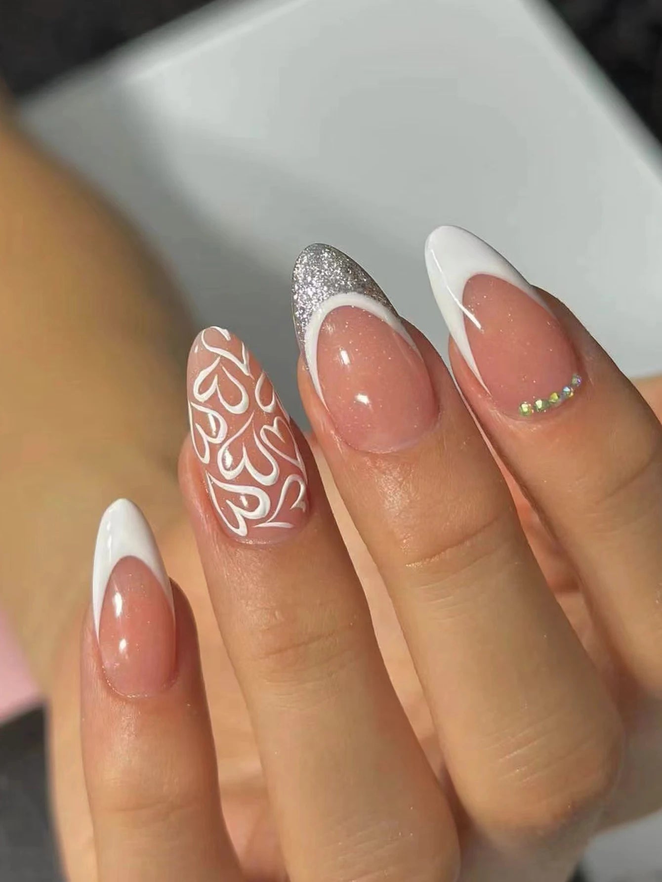 24 Piece Long Almond Press On Nails White French Tip - Smarsty