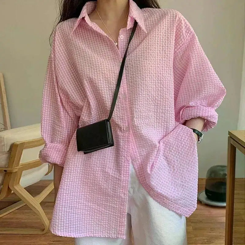 Korean Women's Shirt Sunscreen Long Sleeves Shirt Summer Women's Loose Casual Single Breasted Turndown Collar Plaid - Smarsty