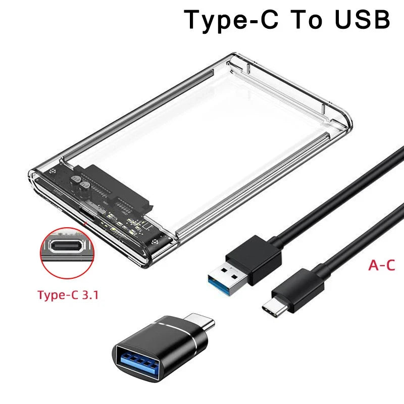 Transparent HDD Case HDD Enclosure 2.5 Inch SSD SATA To USB Type-C Adapter Portable External Hard Drive Box Tool-Free