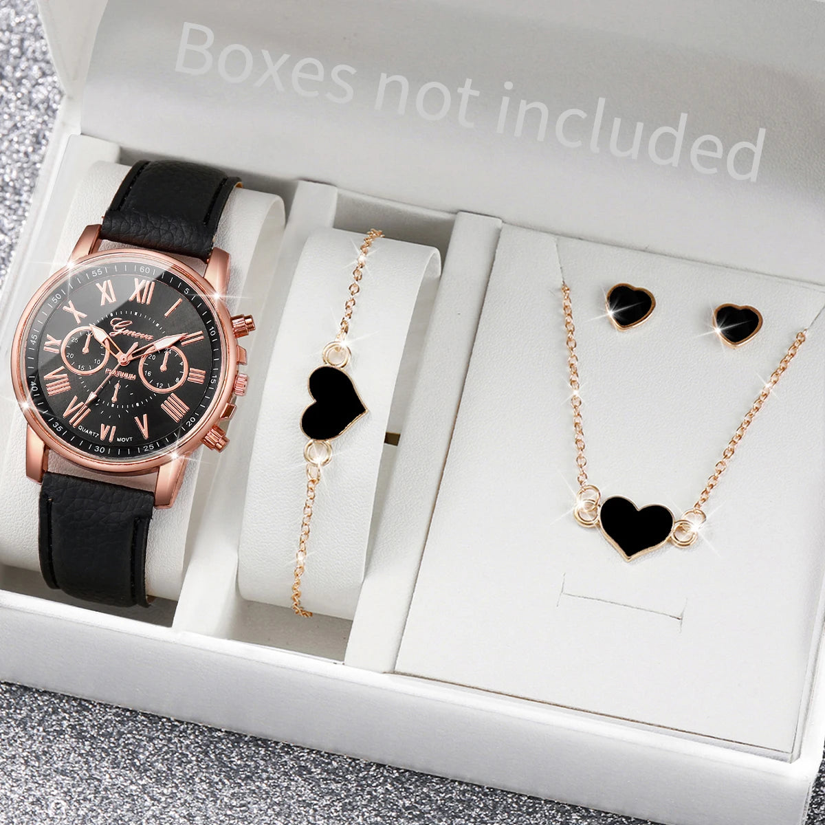 5/6PCS Fashion Women's Quartz Watch Leather Band Analog Wrist Watches Heart Rhinestone Jewelry Set(Without Box) - Smarsty