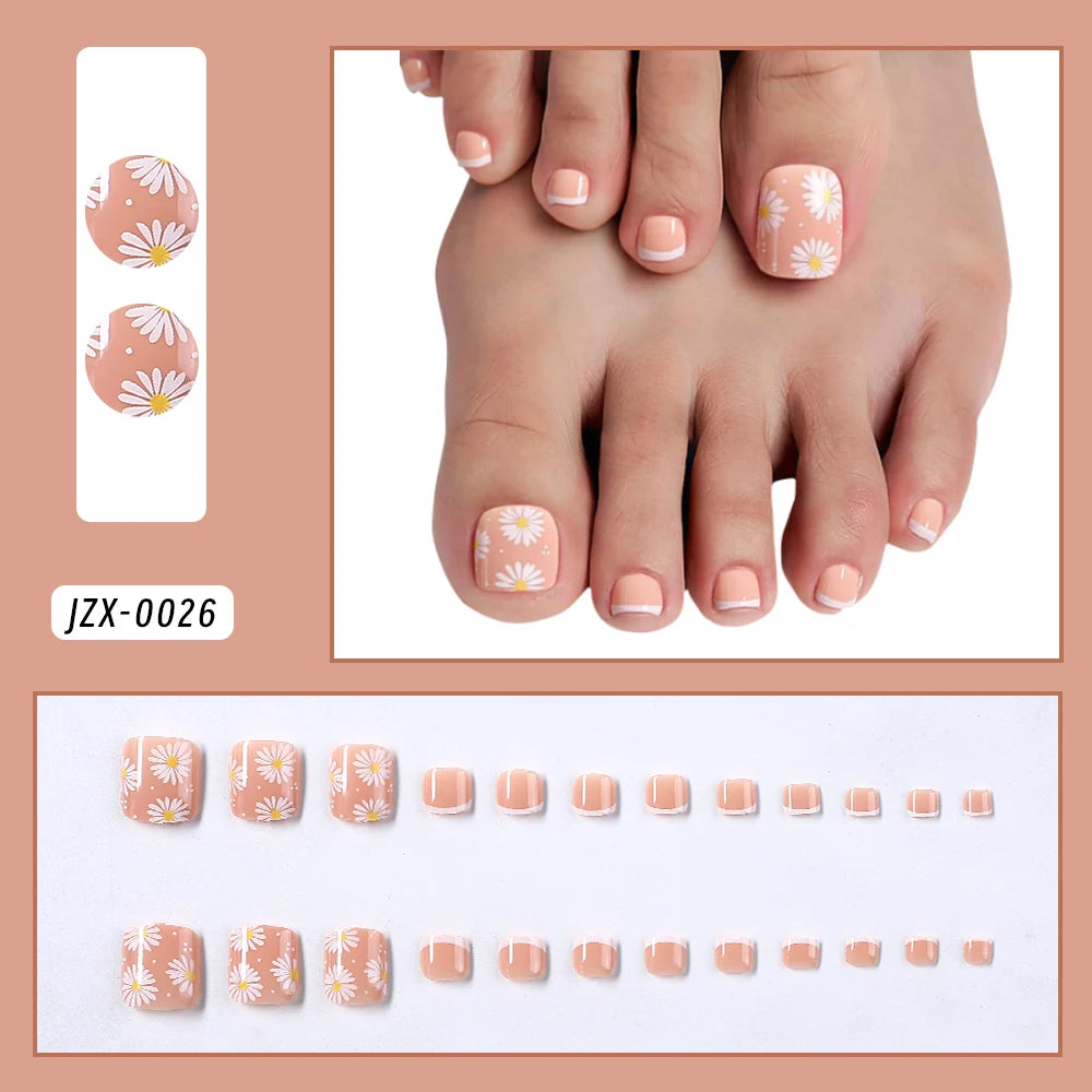 French Flower Fake Toenails Short Square Press On Tips - Smarsty