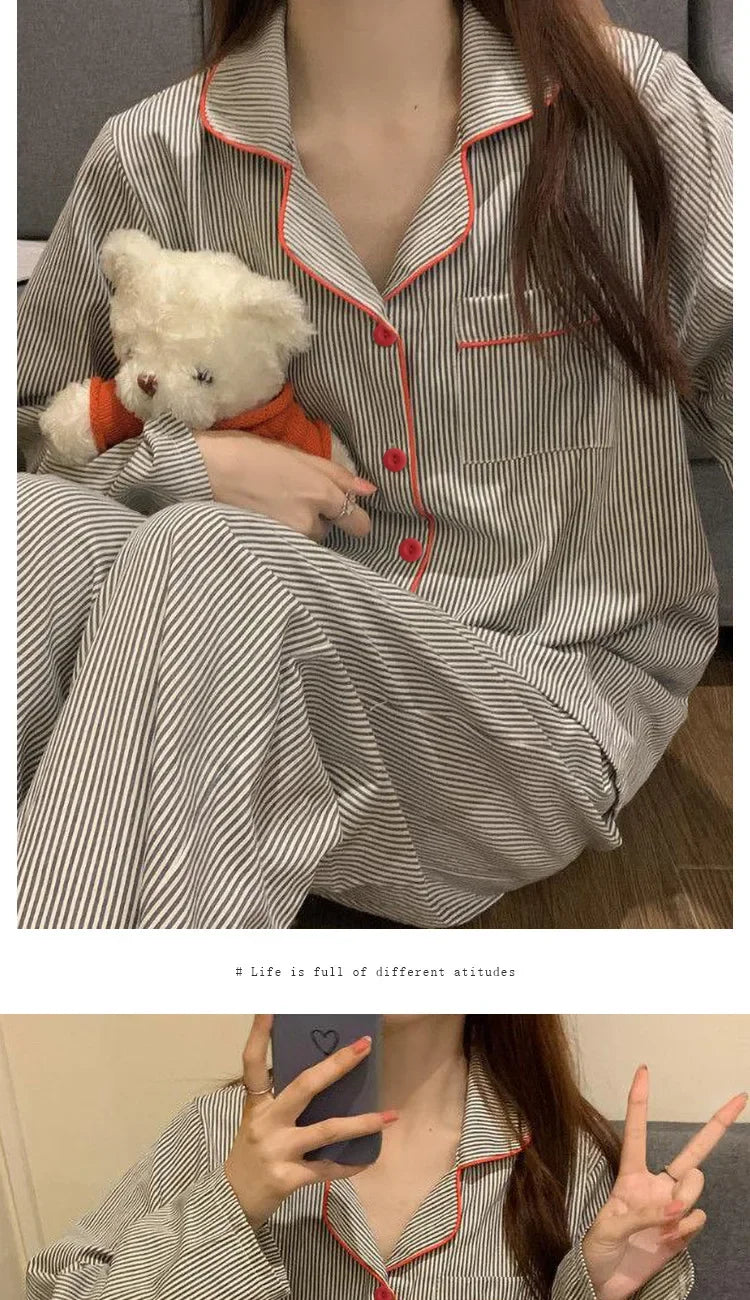 2PCS/Set Women's Long Sleeve Loose Breathable Student Sleepwear Loungewear Cardigan Gray Striped Girl Fashion Pajamas Homewear - Smarsty