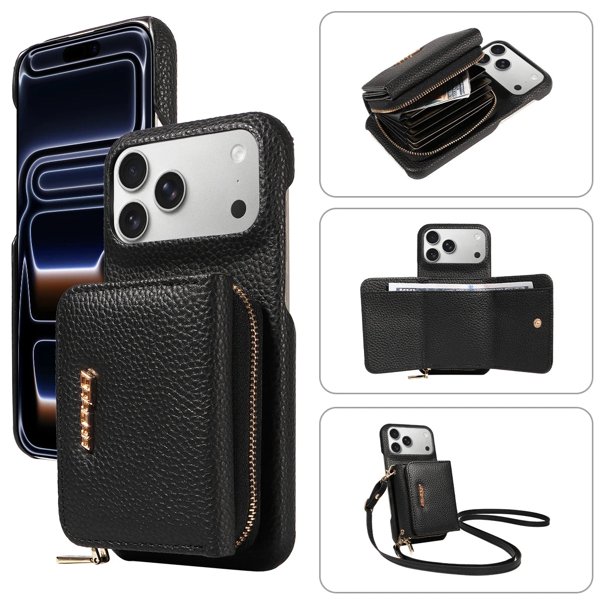 Crossbody PU Leather Phone Case for IPhone17 16 15 14 13 12 11pro Max Plus Mini Air 16e with Stand & Card Slots Wallet Cover
