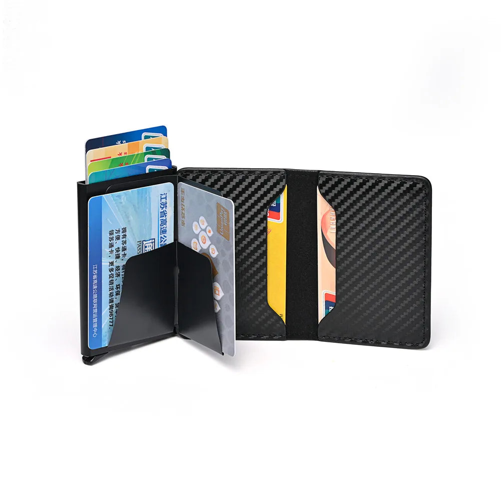 RFID Anti Blocking Anti-theft Automatic Pop-up Card Holder, Men's Black ID Credit Card Holder Case Wallet, Carbon Fiber Purse