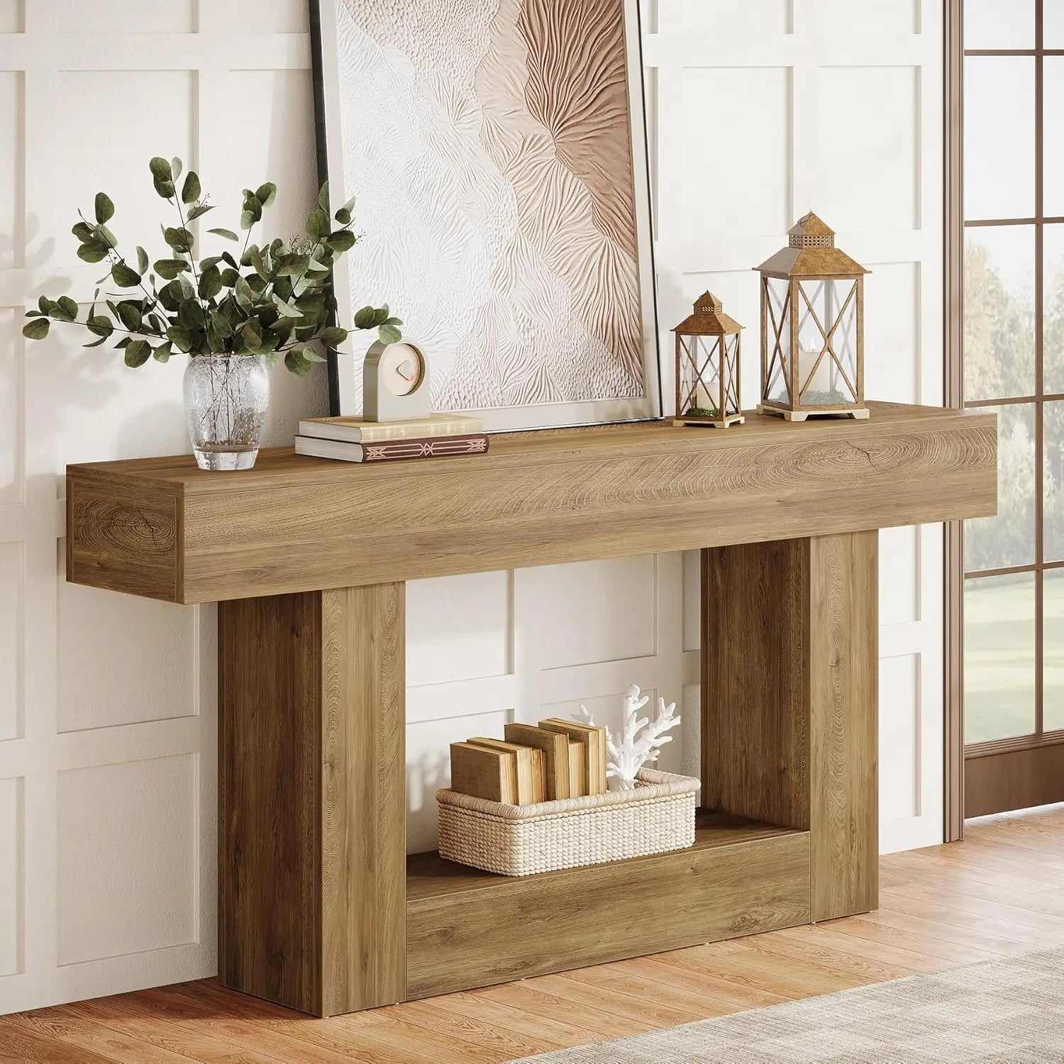 Tribesigns 63" Console Table, Farmhouse 2-Tier Entryway Table with U-Shaped Base, Narrow Long Wood Sofa Table Behind Couch Table