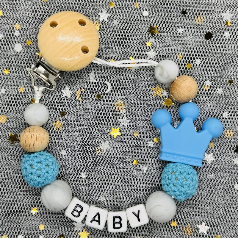 NEW Custom Personalized Name Pacifier Clip Handmade Beech Wooden Chain Silicone Crown Holder Soother Baby Teething Toy Chew Gift by Smarsty