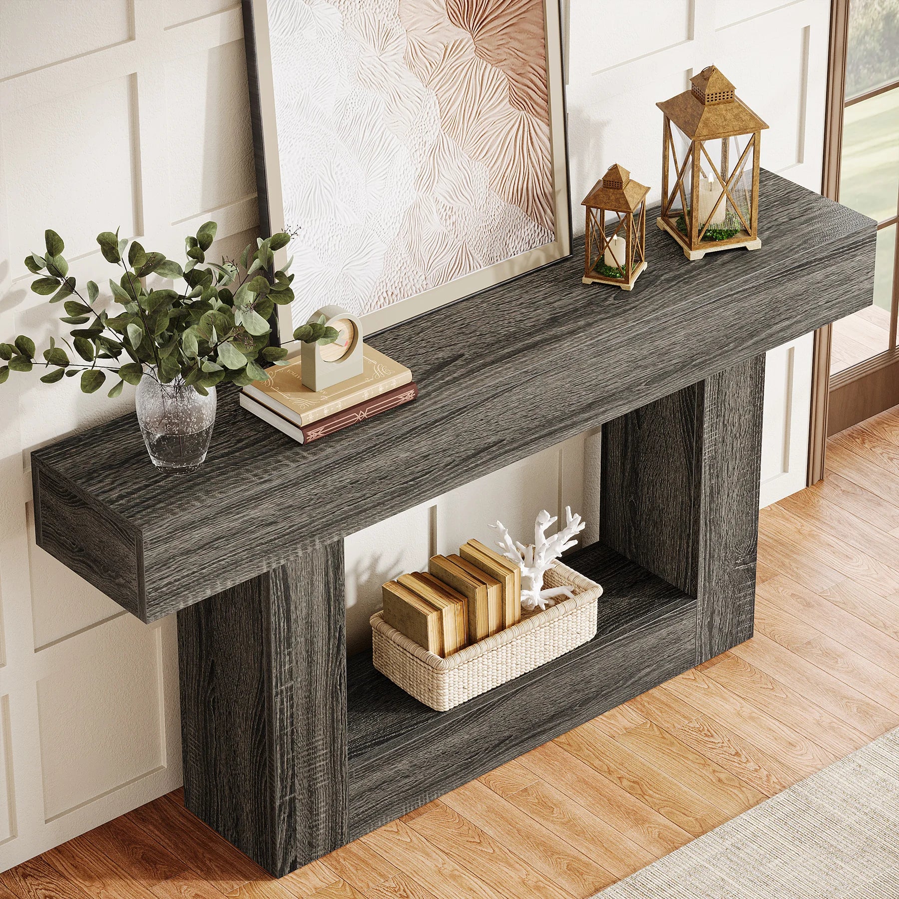 Tribesigns 63" Console Table, Farmhouse 2-Tier Entryway Table with U-Shaped Base, Narrow Long Wood Sofa Table Behind Couch Table