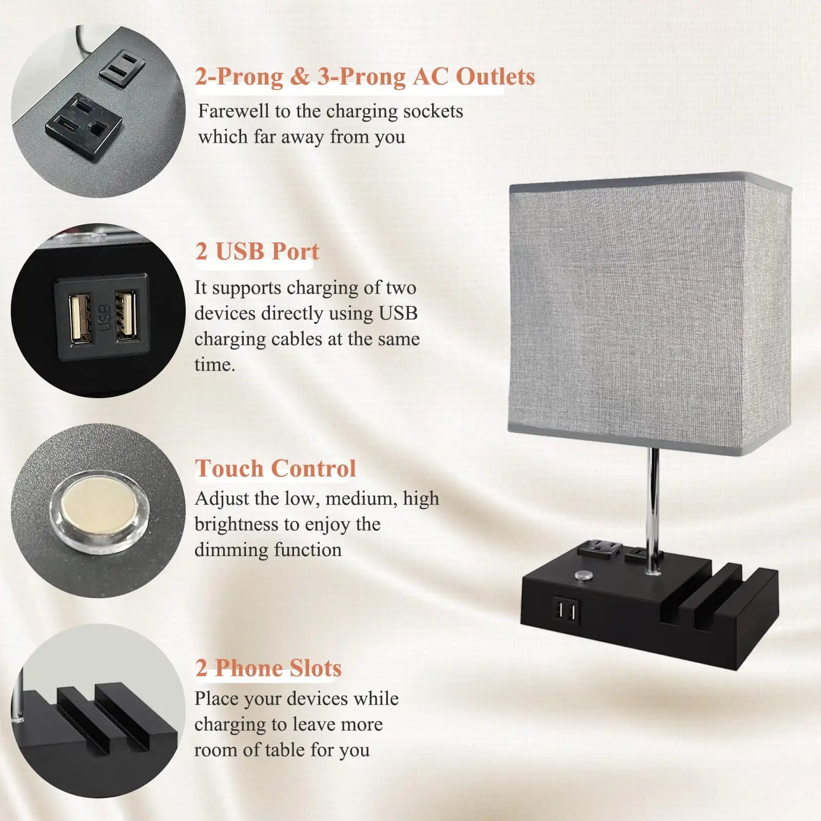 SZRSTH 15.7" Bedside Table Lamp for Bedroom, Dual Fast USB Charging Ports, Fully Dimmable Nightstand Lamps