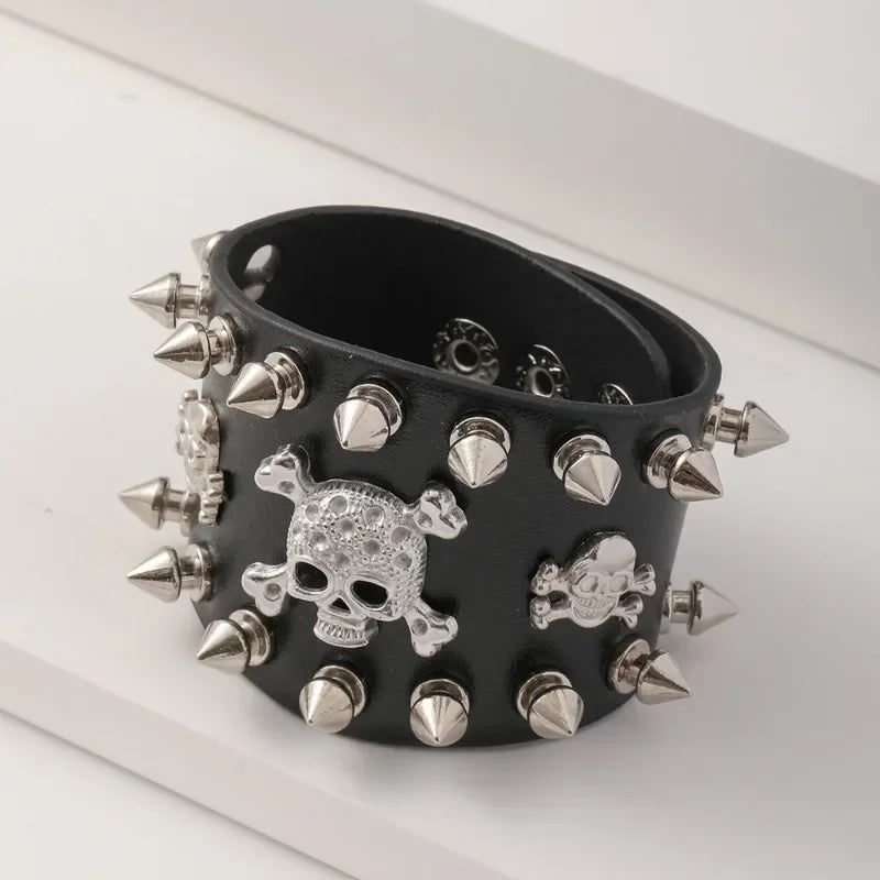 Unisex PU Leather Punk Bracelet with Spikes and Skull - Smarsty