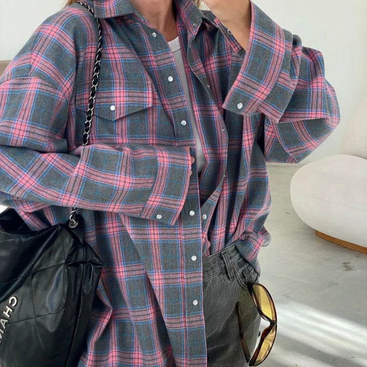 Oversized Plaid Shirt Autumn Winter Women Vintage Long Sleeve Fashion Loose Lapel Pocket Shirt Fit Blouse Korean Style - Smarsty