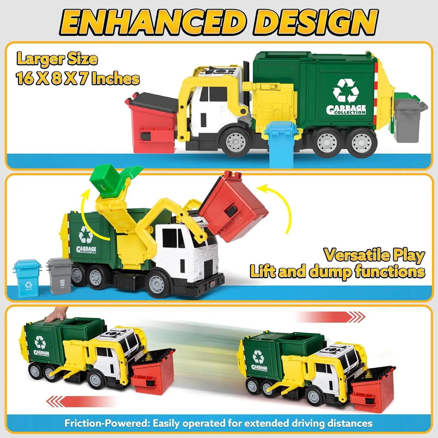 JOYFY Large Friction Powered Garbage Truck Toy Set With Includes Dumpster Trash Bins for Boys Toys Birthday Christmas Gift