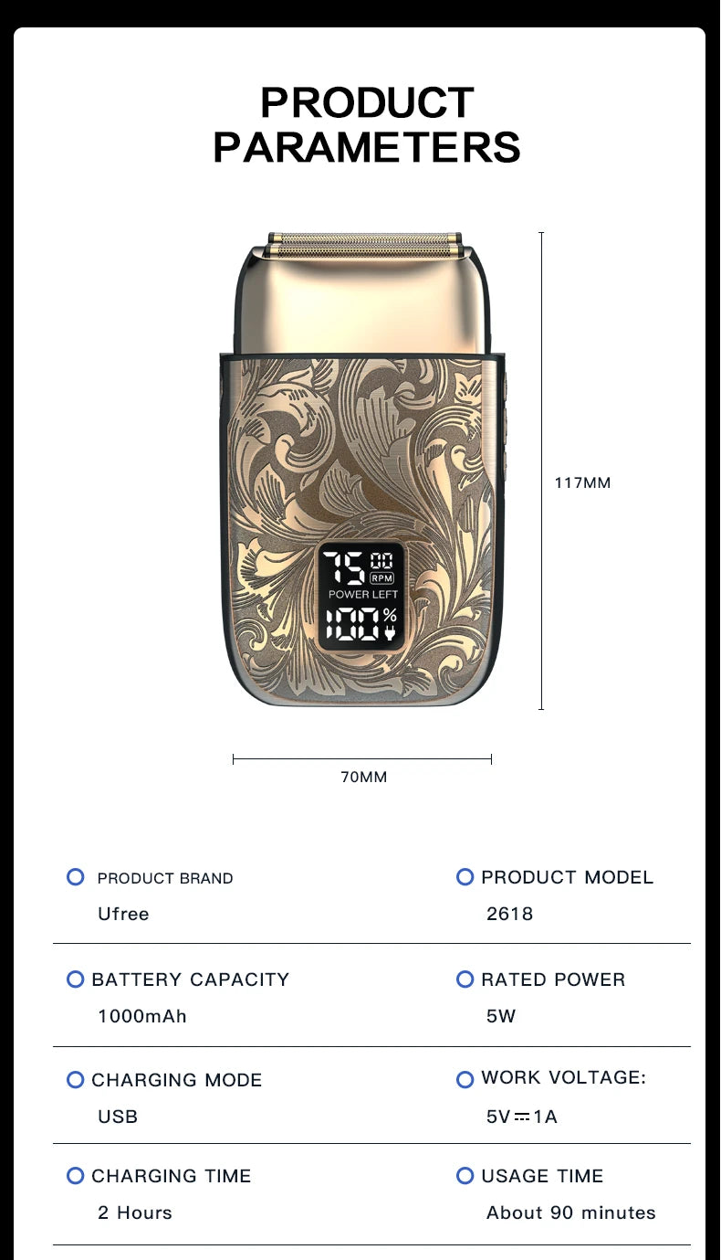 Ufree Close Shaver Electric Foil Shavers for Men, 3-Speed Electric Razor, Home appliance, Face Shaving Beard Trimmer with LCD