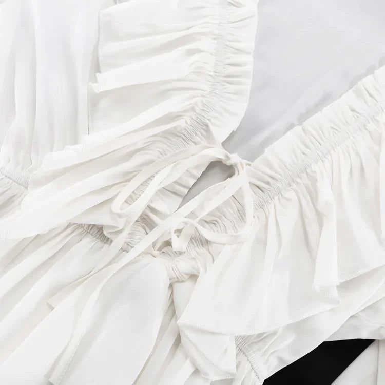 Talenza White Ruffle Bandage Mini Dress Women's Elegant Patchwork Long Sleeve Dress New Slim V Neck Lace Up Summer Mini Dress - Smarsty