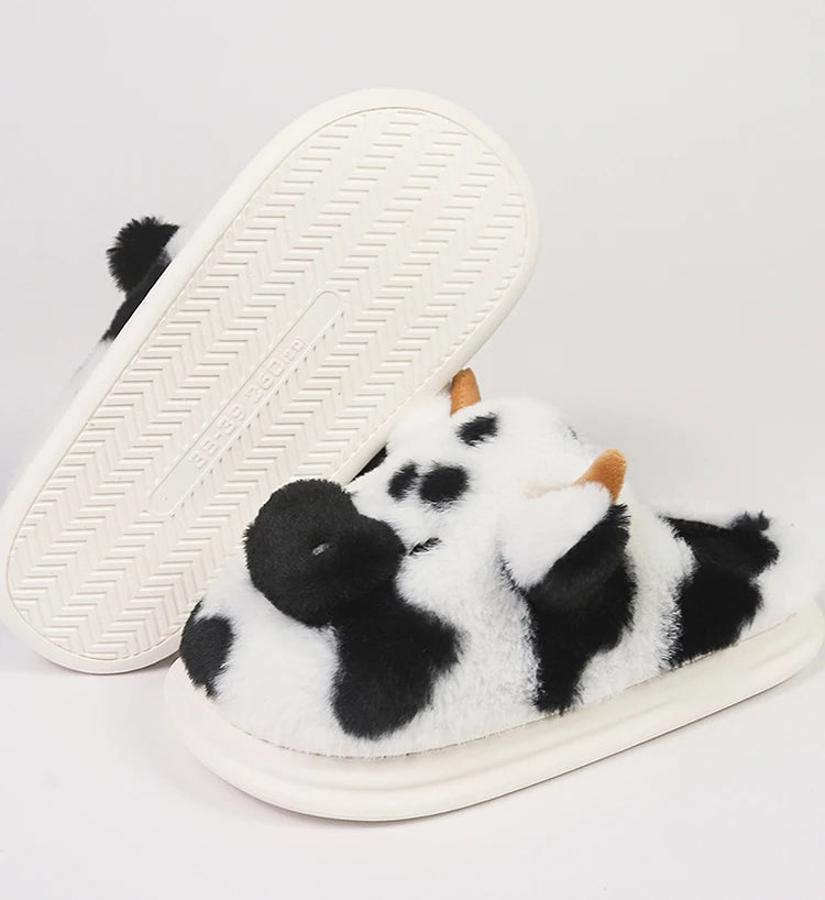 Casual Fluffy Slippers Women House Cute Cartoon Cow Designer Shoes Girl Flat Fashion Elegant Plush Winter Platform Footwear Home - Smarsty