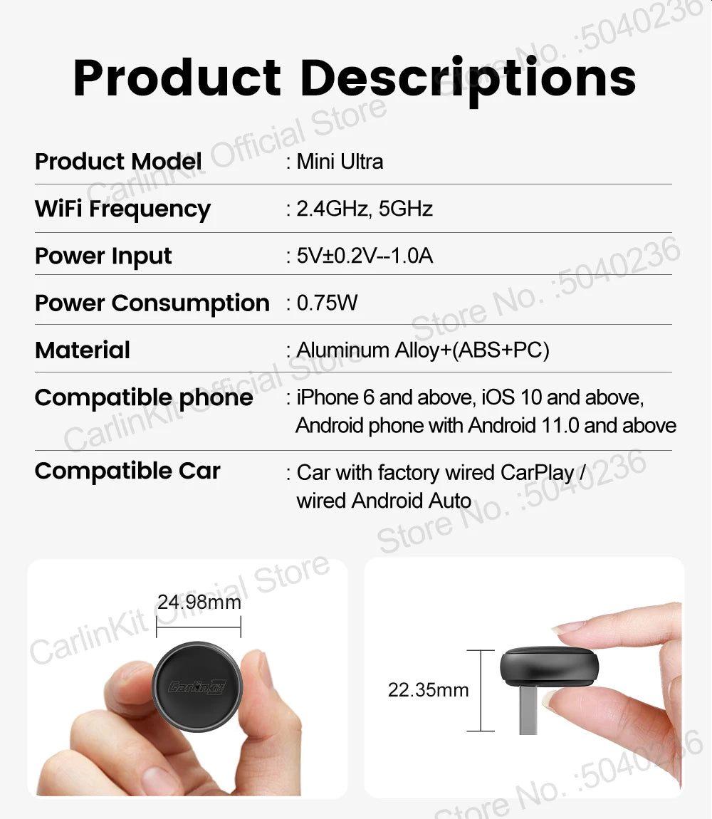 Mini Ultra 3 CarlinKit 5.0 Wireless Adapter Wireless CarPlay Android Auto For OEM Car Plug & Play WiFi Bluetooth Auto Connection