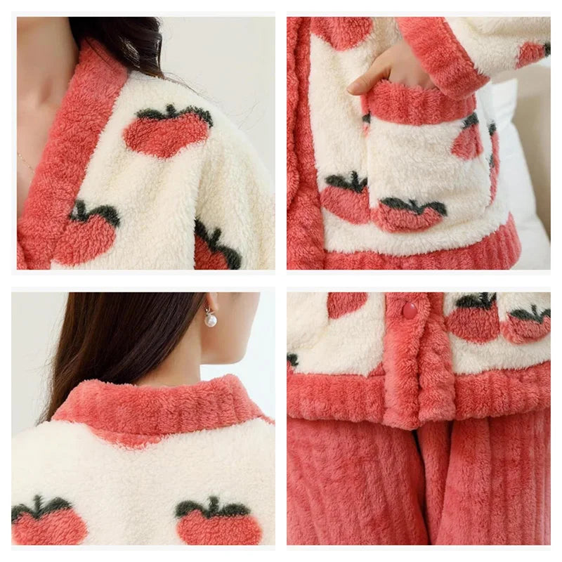 Padded and Thickened Warm Flannel Women Pajamas Loungewear Winter Peach Sleepwear Homewear Coral Velvet Two-Piece Set Nightwear - Smarsty