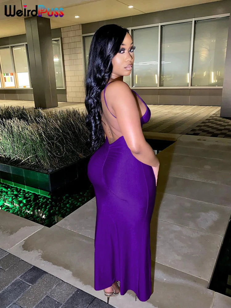 Weird Puss Sexy Backless Women Evening Maxi Dress Folds V-Neck Sleeveless Coquette Elegant Mermaid Matching Banquet Prom Bodycon - Smarsty