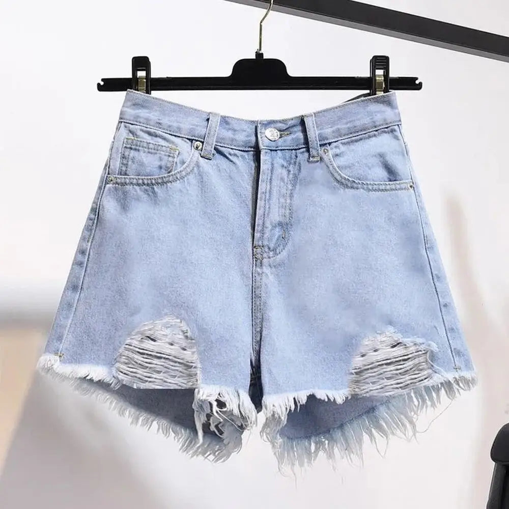 Summer Women's Cowboy Shorts Korean High Waist Casual Denim Shorts Pocket Tassel Perforated Ripped Holes Y2K Girls White Jeans - Smarsty