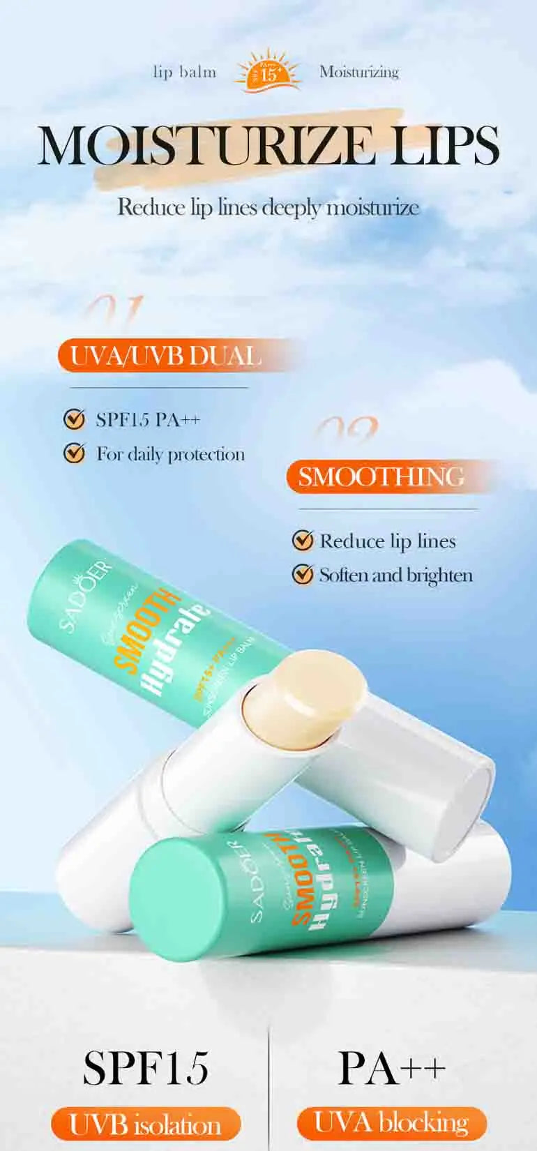 SADOER SPF 15 Lip Sunscreen Balm for Hydrated Lips - Smarsty